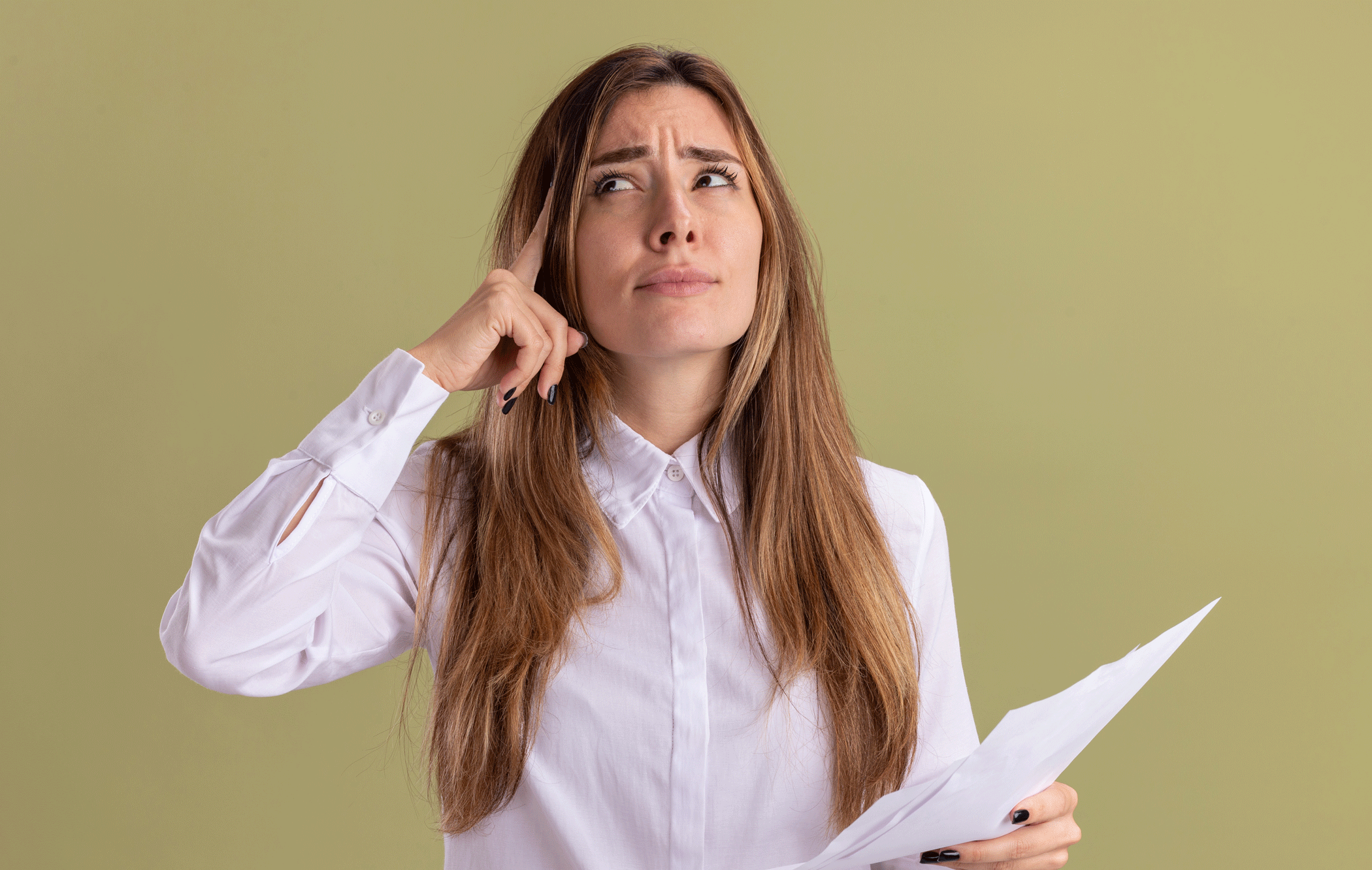 thoughtful-young-pretty-caucasian-girl-puts-finger-temple-holds-blank-paper-sheets-looking-side-olive-green-2